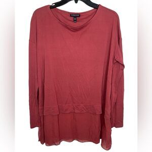 Eileen Fisher Red Long Sleeve Stretch Silk Jersey Boxy Mixed Media Tunic Top MP